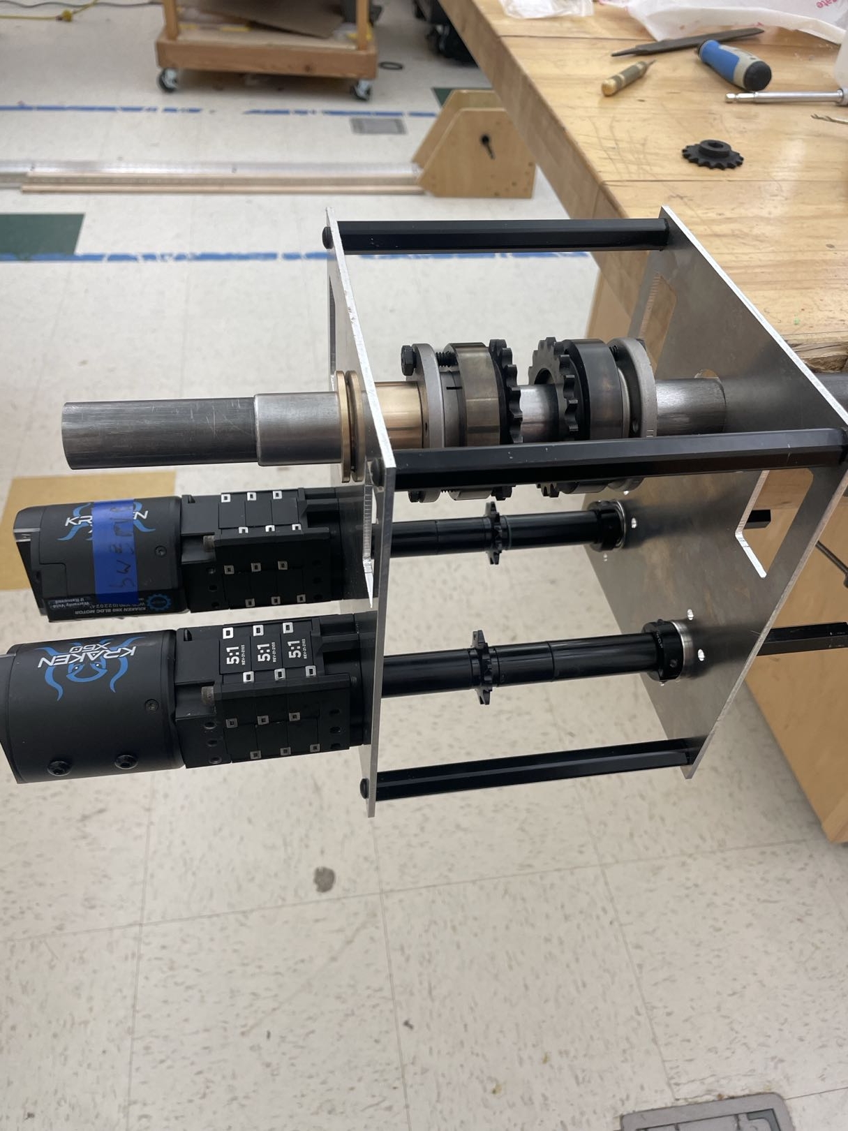 Assembled next iteration featuring live axle+split taper bushing bore sprockets